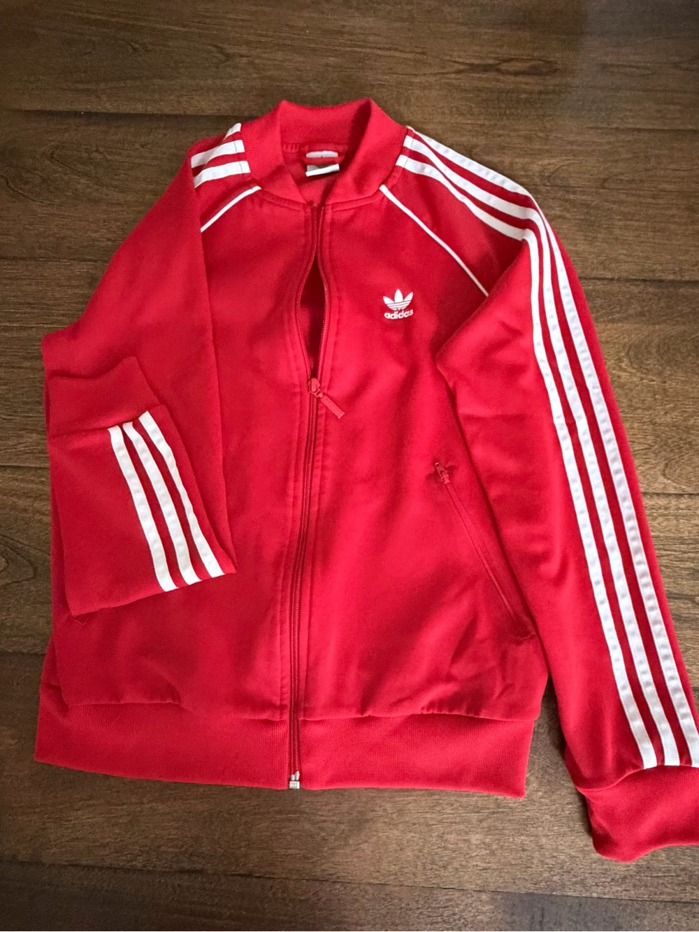 adidas Womens Red Track Jacket with White 3-Stripes and zipper pockets. size S